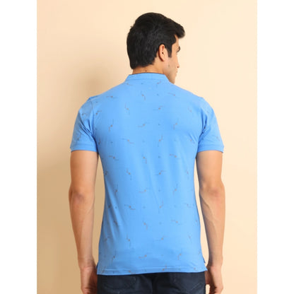 PKRKART Men's Casual Cotton Printed Mandarin Collar Half Sleeve T-Shirt (LightBlue)