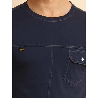 PKRKART Men's Casual Cotton Solid Round Neck Half Sleeve T-Shirt (Navy)