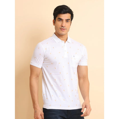 PKRKART Men's Casual Cotton Printed Polo Neck Half Sleeve T-Shirt (White)