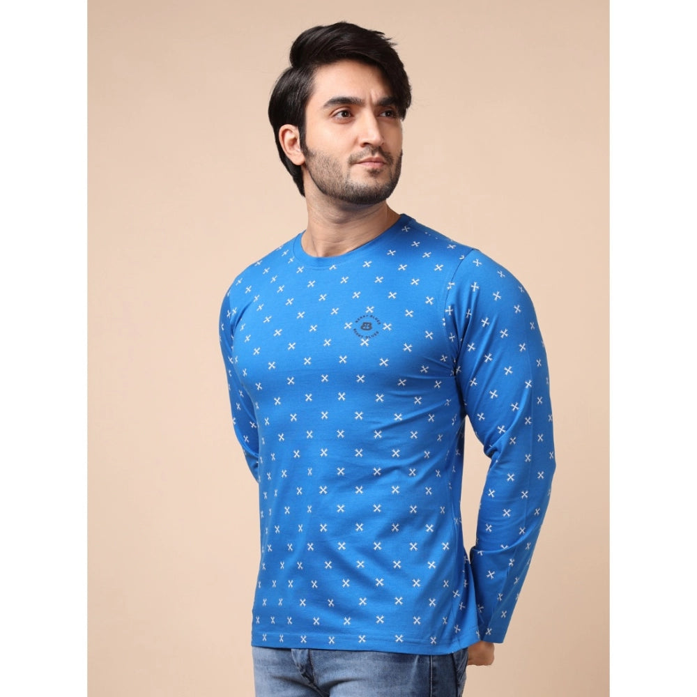 PKRKART Men's Casual Cotton Printed Round Neck Full Sleeve T-Shirt (Blue)