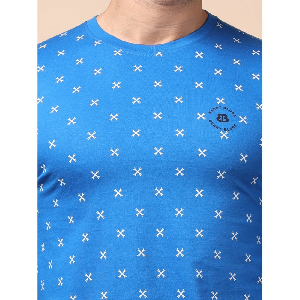 PKRKART Men's Casual Cotton Printed Round Neck Full Sleeve T-Shirt (Blue)