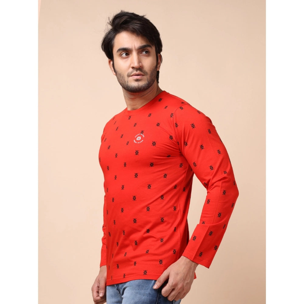 PKRKART Men's Casual Cotton Printed Round Neck Full Sleeve T-Shirt (Red)