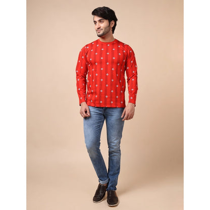 PKRKART Men's Casual Cotton Printed Round Neck Full Sleeve T-Shirt (Red)