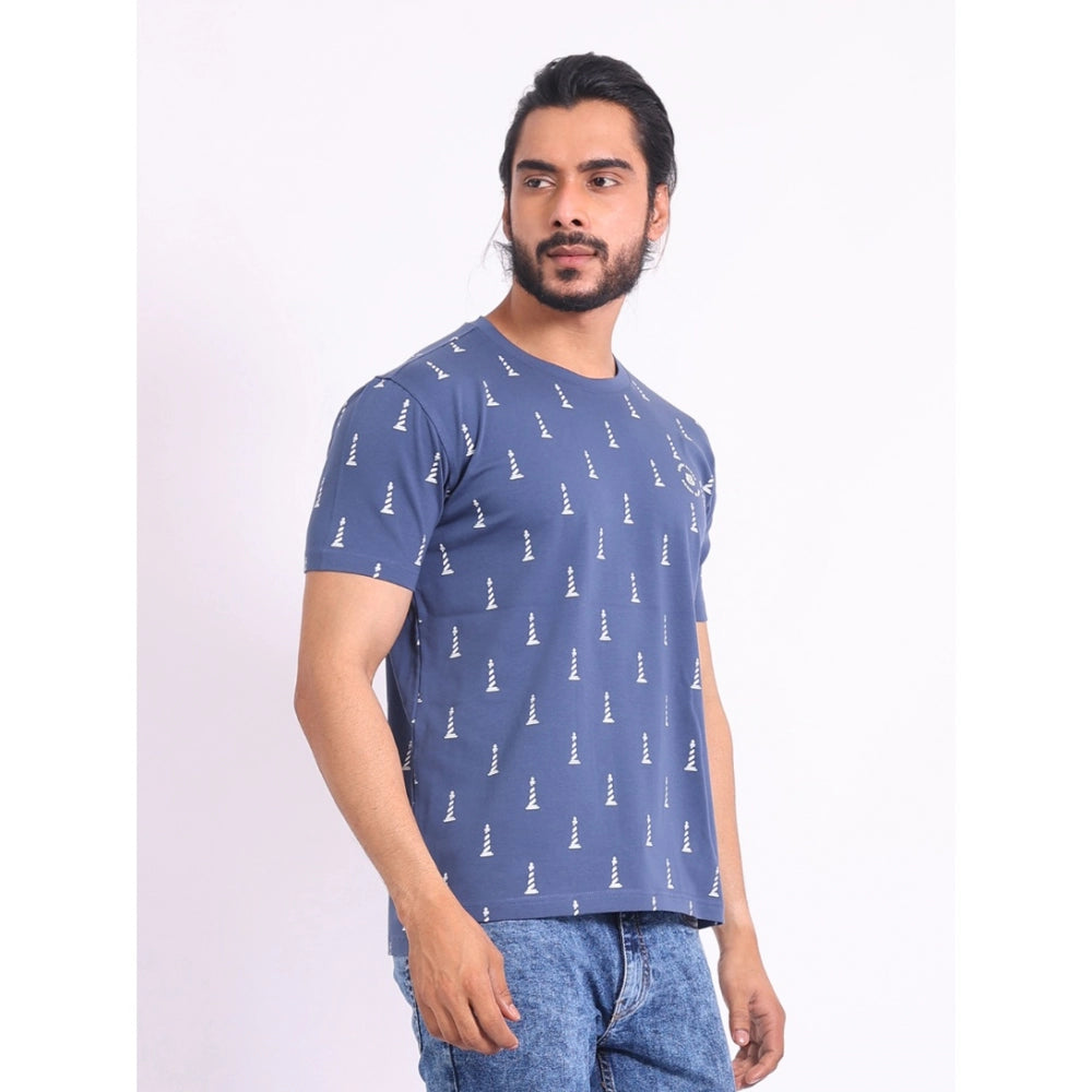 PKRKART Men's Casual Cotton Printed Round Neck Half Sleeve T-Shirt (Blue)