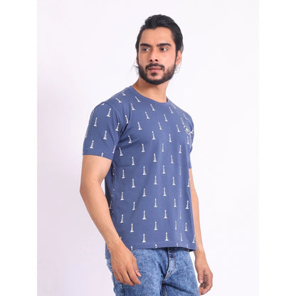 PKRKART Men's Casual Cotton Printed Round Neck Half Sleeve T-Shirt (Blue)