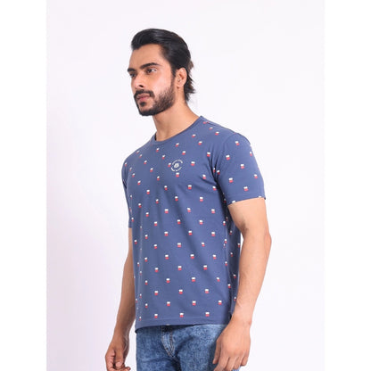 PKRKART Men's Casual Cotton Printed Round Neck Half Sleeve T-Shirt (Blue)