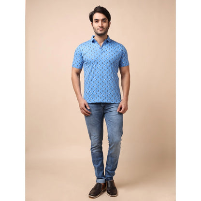 PKRKART Men's Casual Cotton Printed Polo Neck Half Sleeve T-Shirt (Blue)