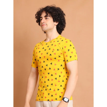 PKRKART Men's Casual Cotton Printed Round Neck Half Sleeve T-Shirt (Yellow)