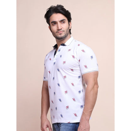 PKRKART Men's Casual Cotton Printed Polo Neck Half Sleeve T-Shirt (White)