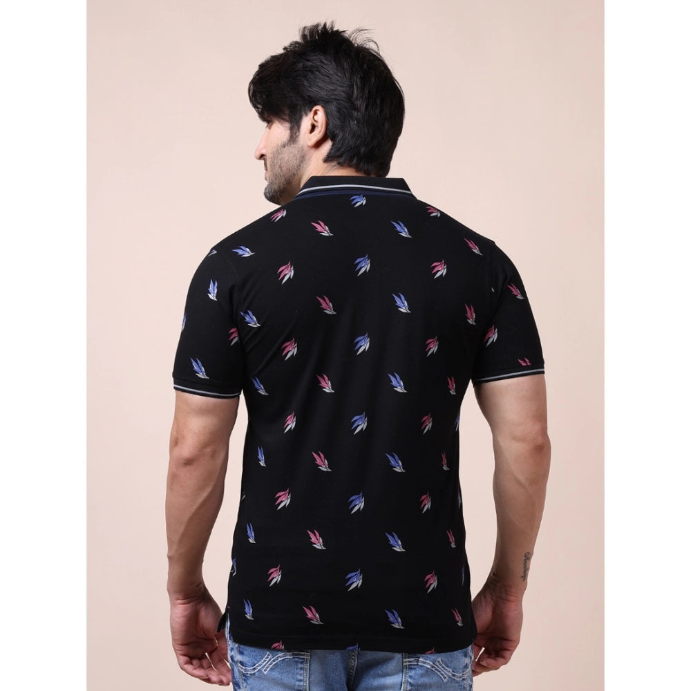 PKRKART Men's Casual Cotton Printed Polo Neck Half Sleeve T-Shirt (Black)