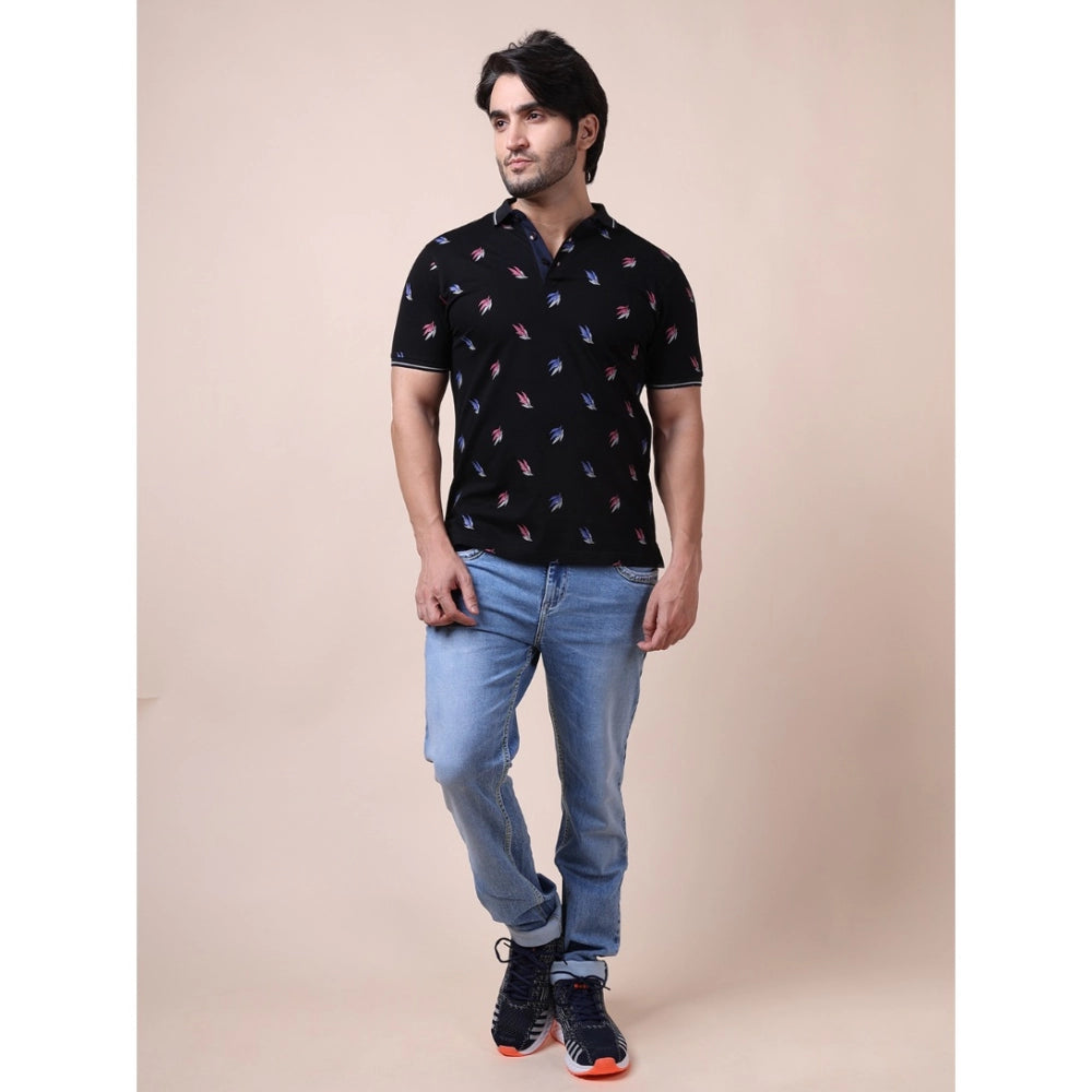PKRKART Men's Casual Cotton Printed Polo Neck Half Sleeve T-Shirt (Black)