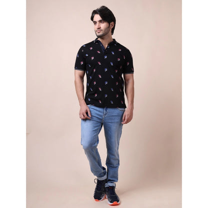 PKRKART Men's Casual Cotton Printed Polo Neck Half Sleeve T-Shirt (Black)