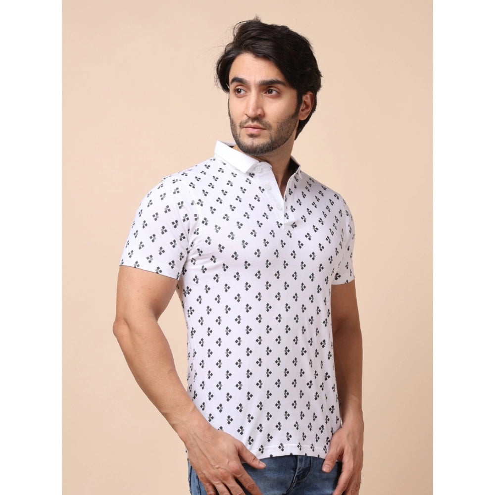 PKRKART Men's Casual Cotton Printed Polo Neck Half Sleeve T-Shirt (White)