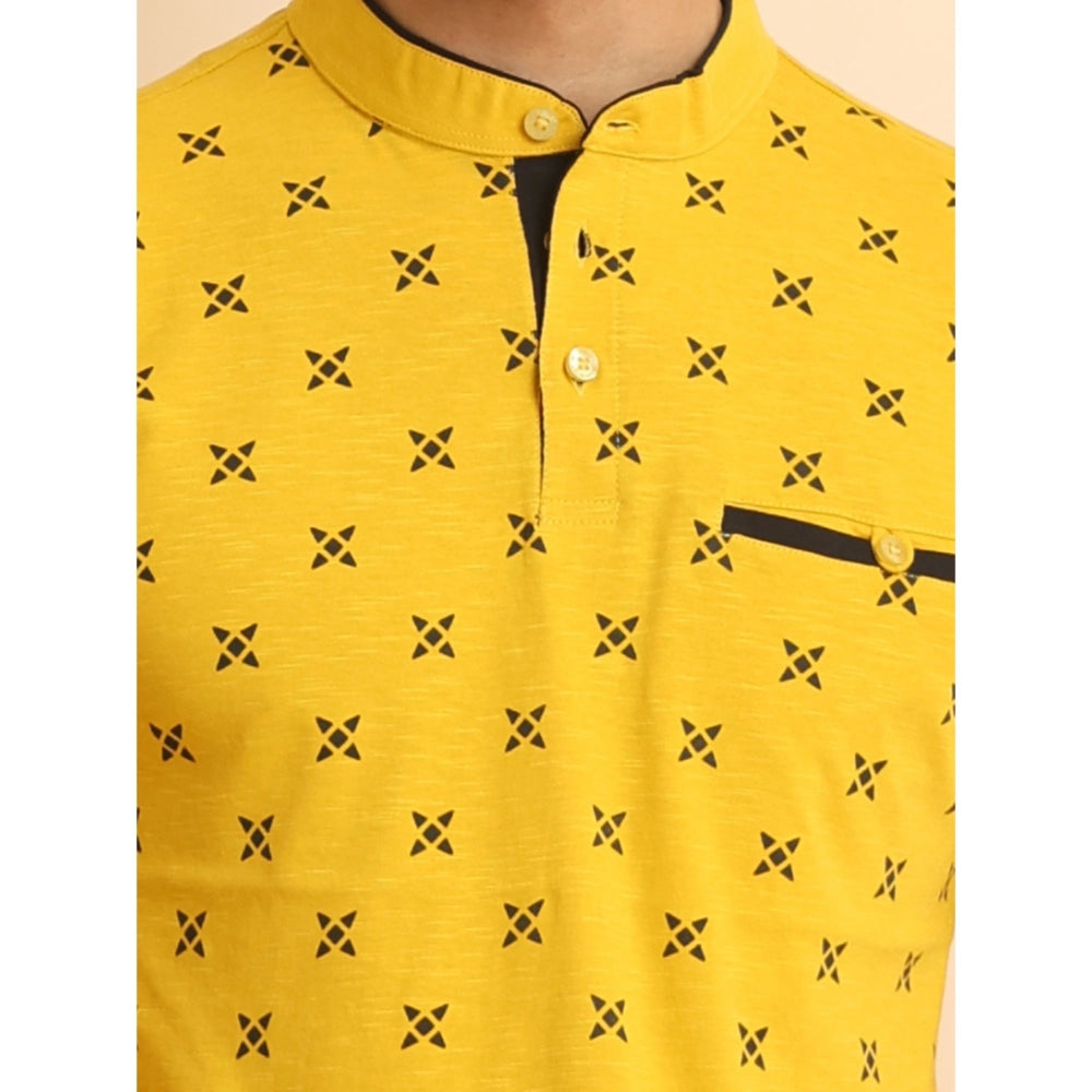 PKRKART Men's Casual Cotton Printed Mandarin Collar Half Sleeve T-Shirt (Mustard)