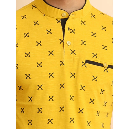 PKRKART Men's Casual Cotton Printed Mandarin Collar Half Sleeve T-Shirt (Mustard)