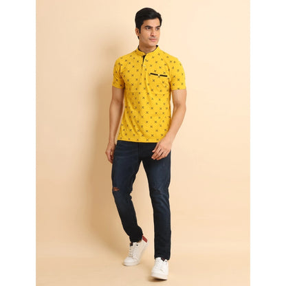 PKRKART Men's Casual Cotton Printed Mandarin Collar Half Sleeve T-Shirt (Mustard)