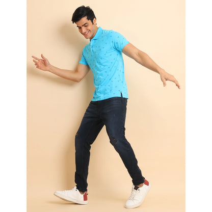 PKRKART Men's Casual Cotton Printed Polo Neck Half Sleeve T-Shirt (Skyblue)