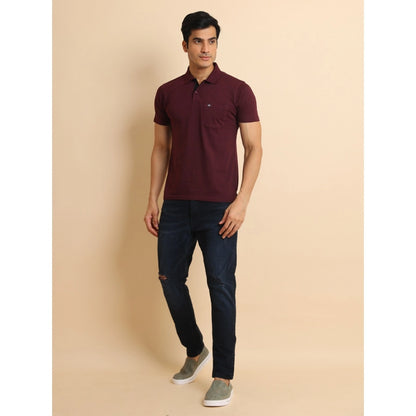 PKRKART Men's Casual Cotton Printed Polo Neck Half Sleeve T-Shirt (Wine)