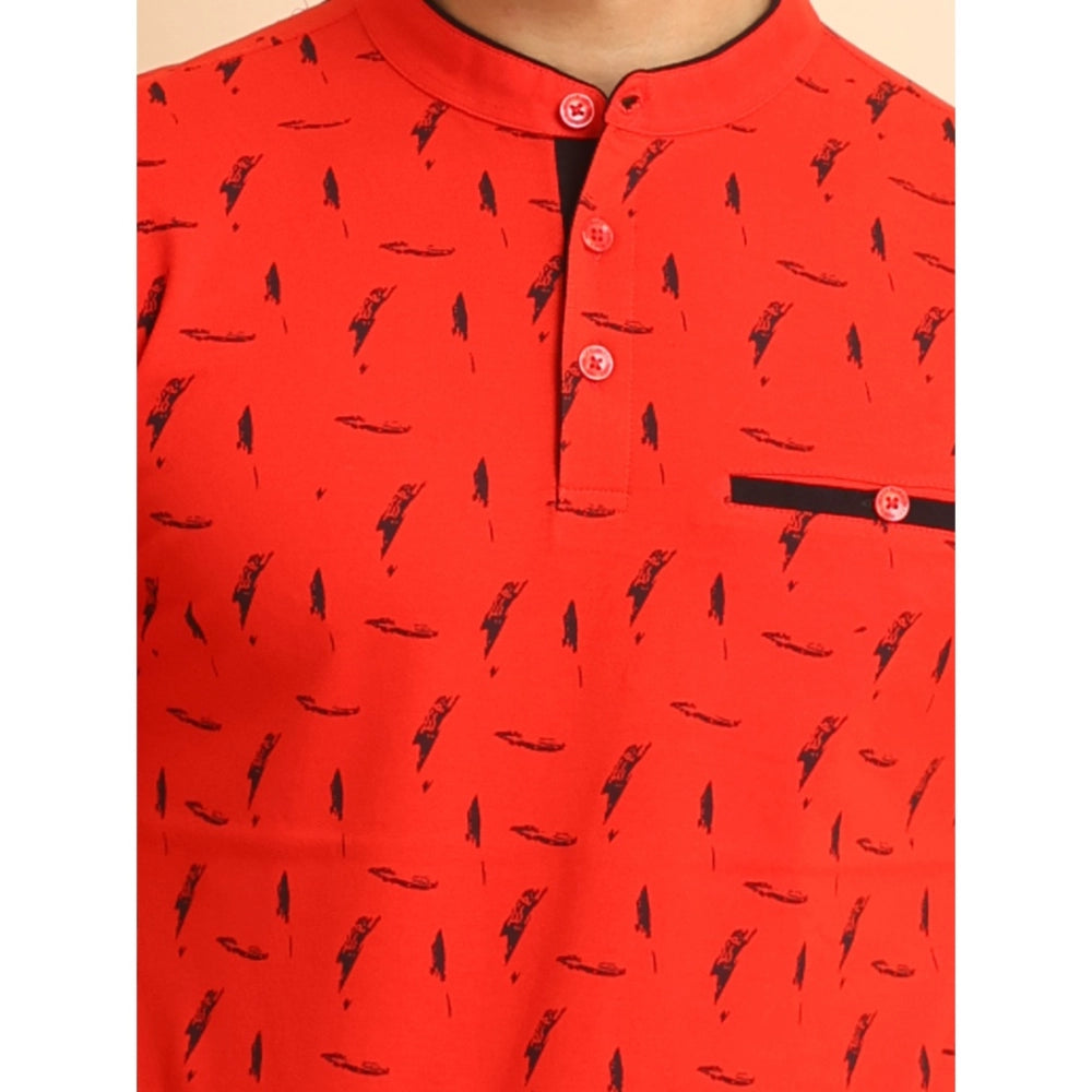 PKRKART Men's Casual Cotton Printed Mandarin Collar Half Sleeve T-Shirt (Red)