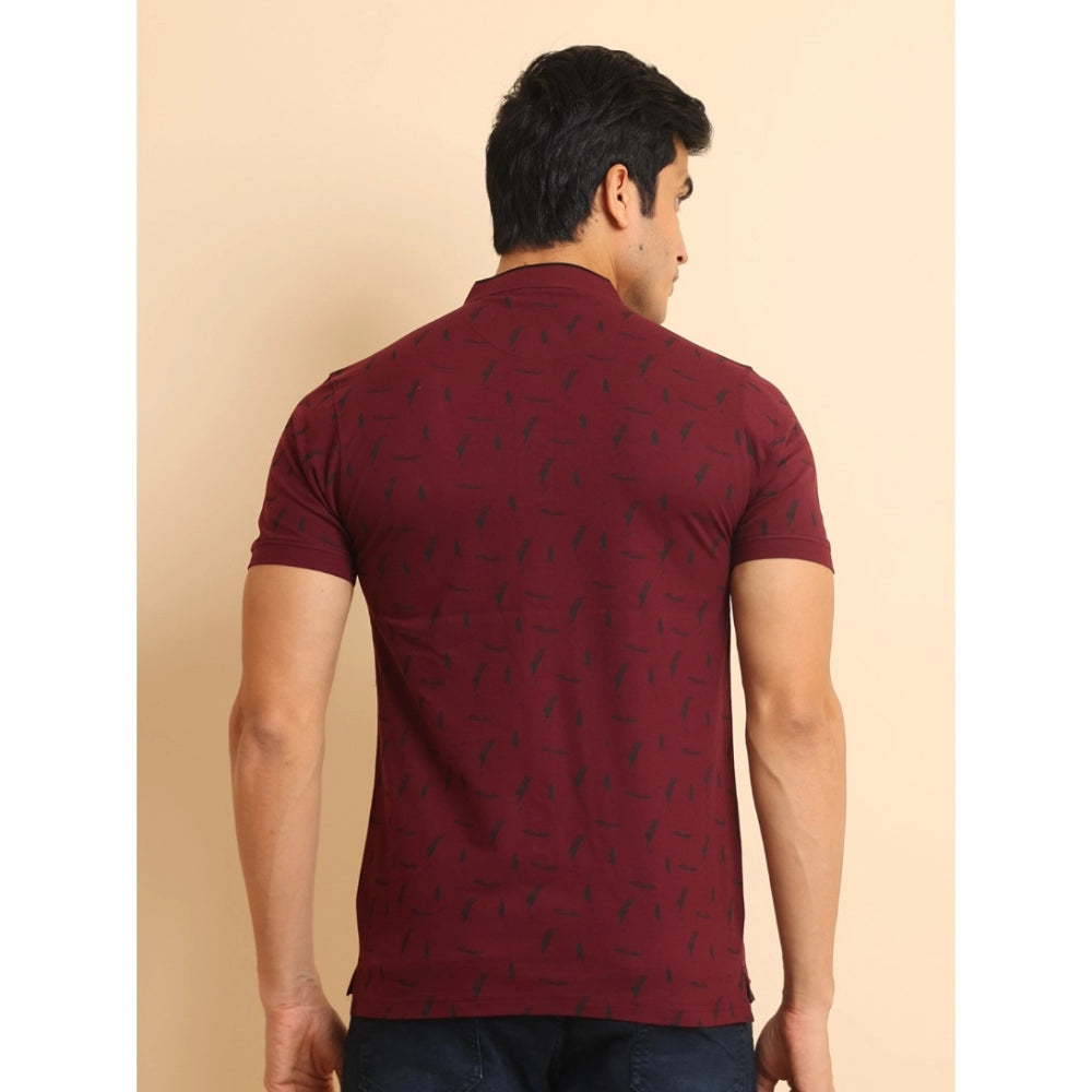 PKRKART Men's Casual Cotton Printed Mandarin Collar Half Sleeve T-Shirt (Plum)