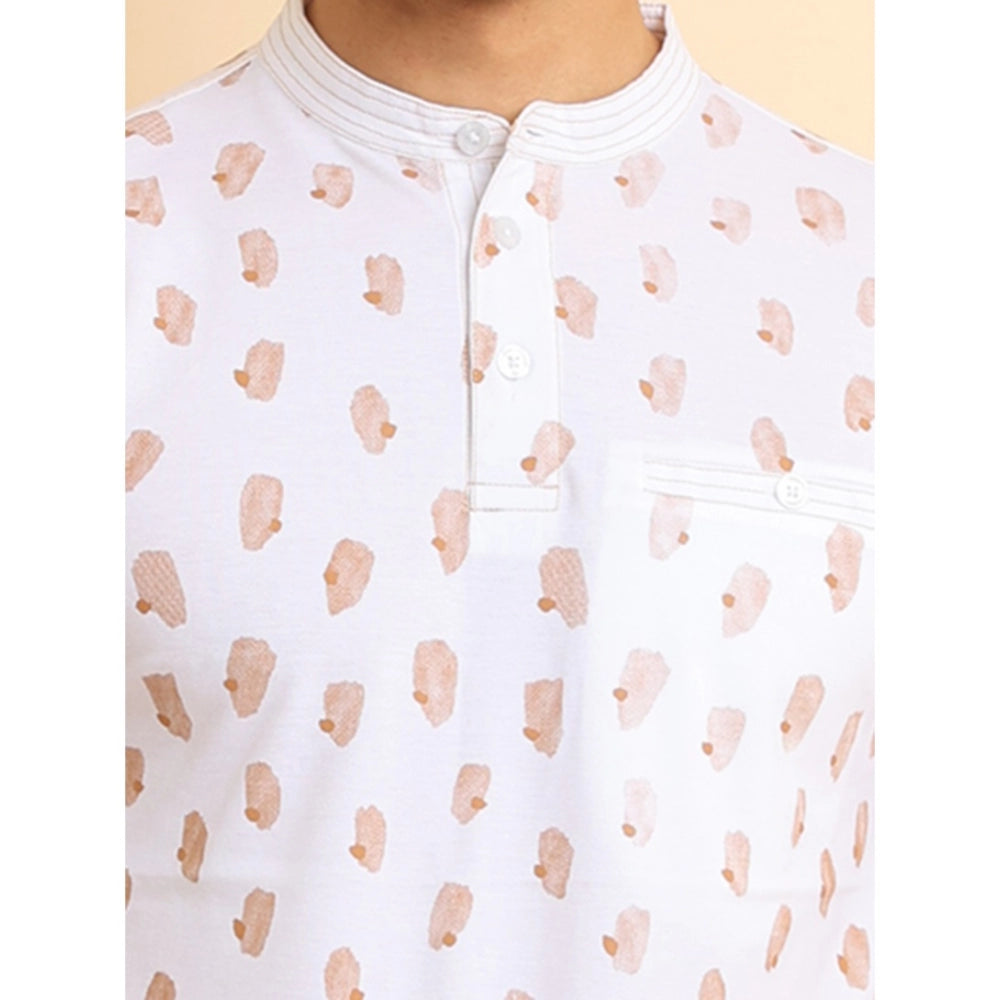 PKRKART Men's Casual Cotton Printed Mandarin Collar Half Sleeve T-Shirt (White)
