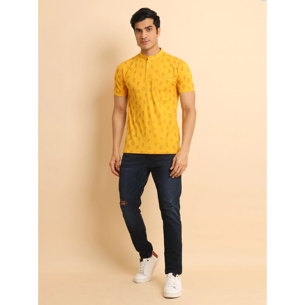 PKRKART Men's Casual Cotton Printed Mandarin Collar Half Sleeve T-Shirt (Mustard)