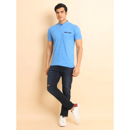 PKRKART Men's Casual Cotton Printed Mandarin Collar Half Sleeve T-Shirt (LightBlue)
