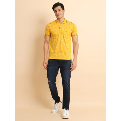 PKRKART Men's Casual Cotton Printed Polo Neck Half Sleeve T-Shirt (Mustard)