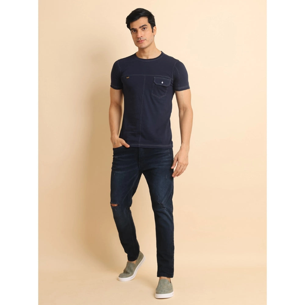 PKRKART Men's Casual Cotton Solid Round Neck Half Sleeve T-Shirt (Navy)