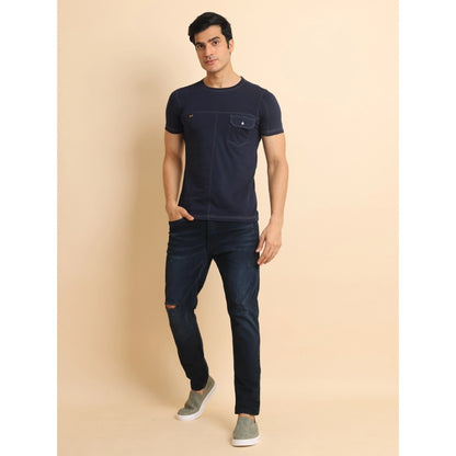PKRKART Men's Casual Cotton Solid Round Neck Half Sleeve T-Shirt (Navy)