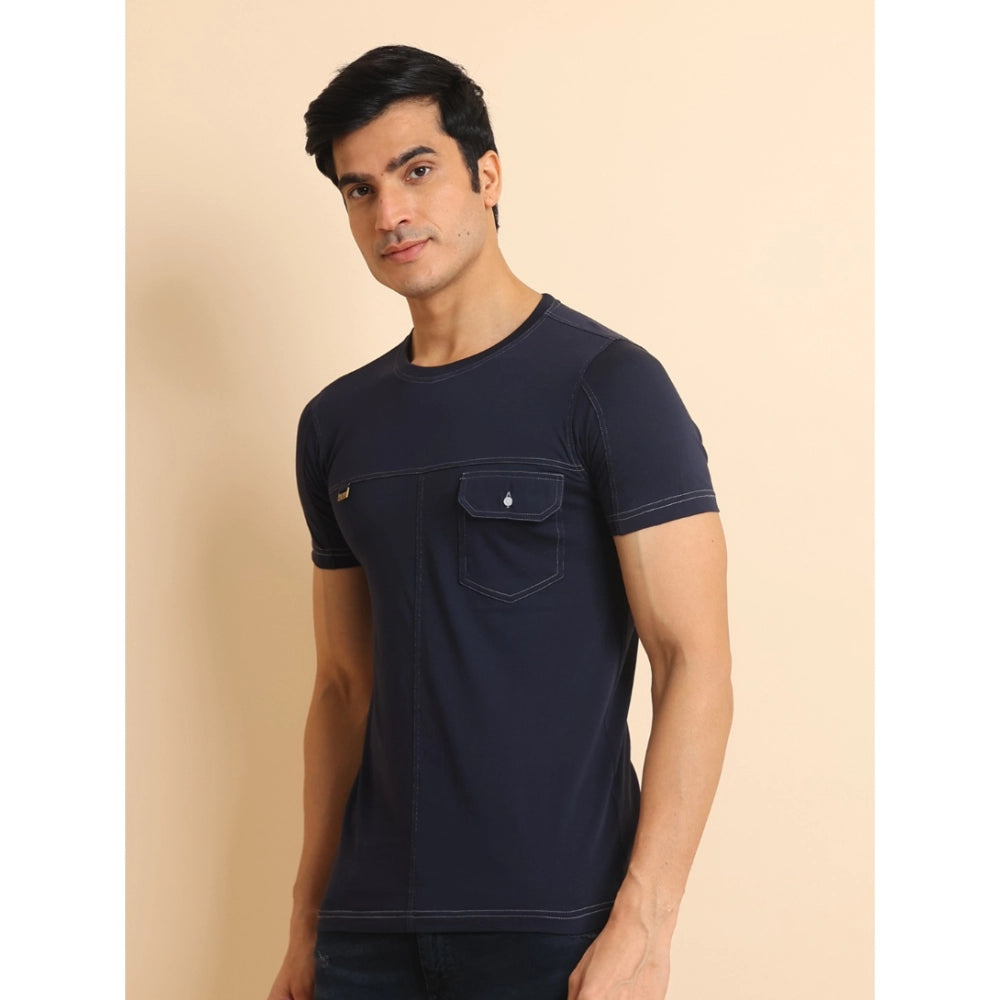 PKRKART Men's Casual Cotton Solid Round Neck Half Sleeve T-Shirt (Navy)