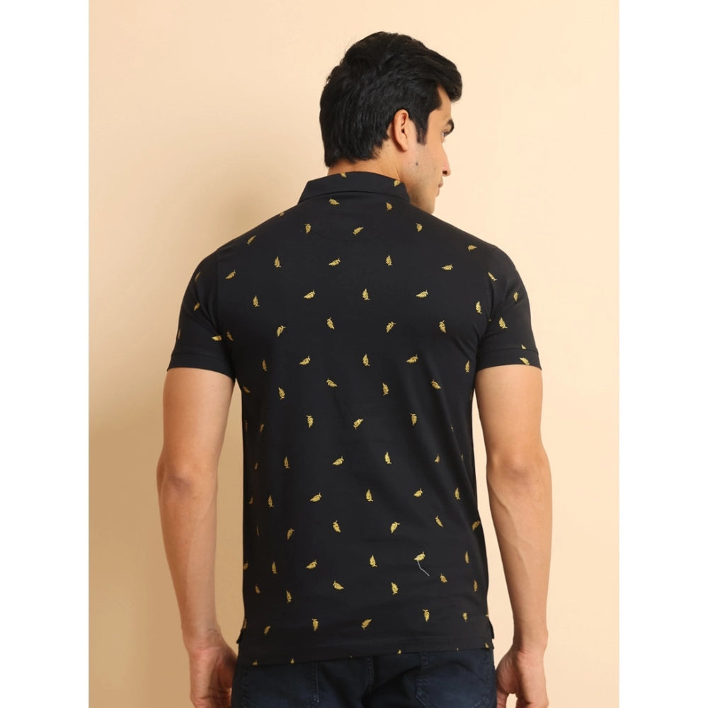 PKRKART Men's Casual Cotton Printed Polo Neck Half Sleeve T-Shirt (Black)
