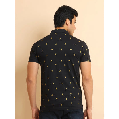PKRKART Men's Casual Cotton Printed Polo Neck Half Sleeve T-Shirt (Black)