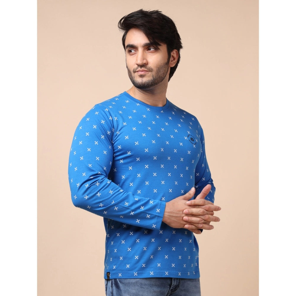 PKRKART Men's Casual Cotton Printed Round Neck Full Sleeve T-Shirt (Blue)
