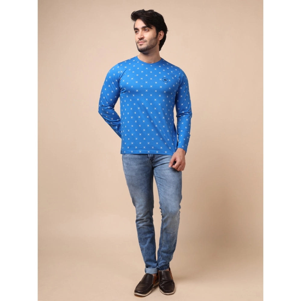 PKRKART Men's Casual Cotton Printed Round Neck Full Sleeve T-Shirt (Blue)