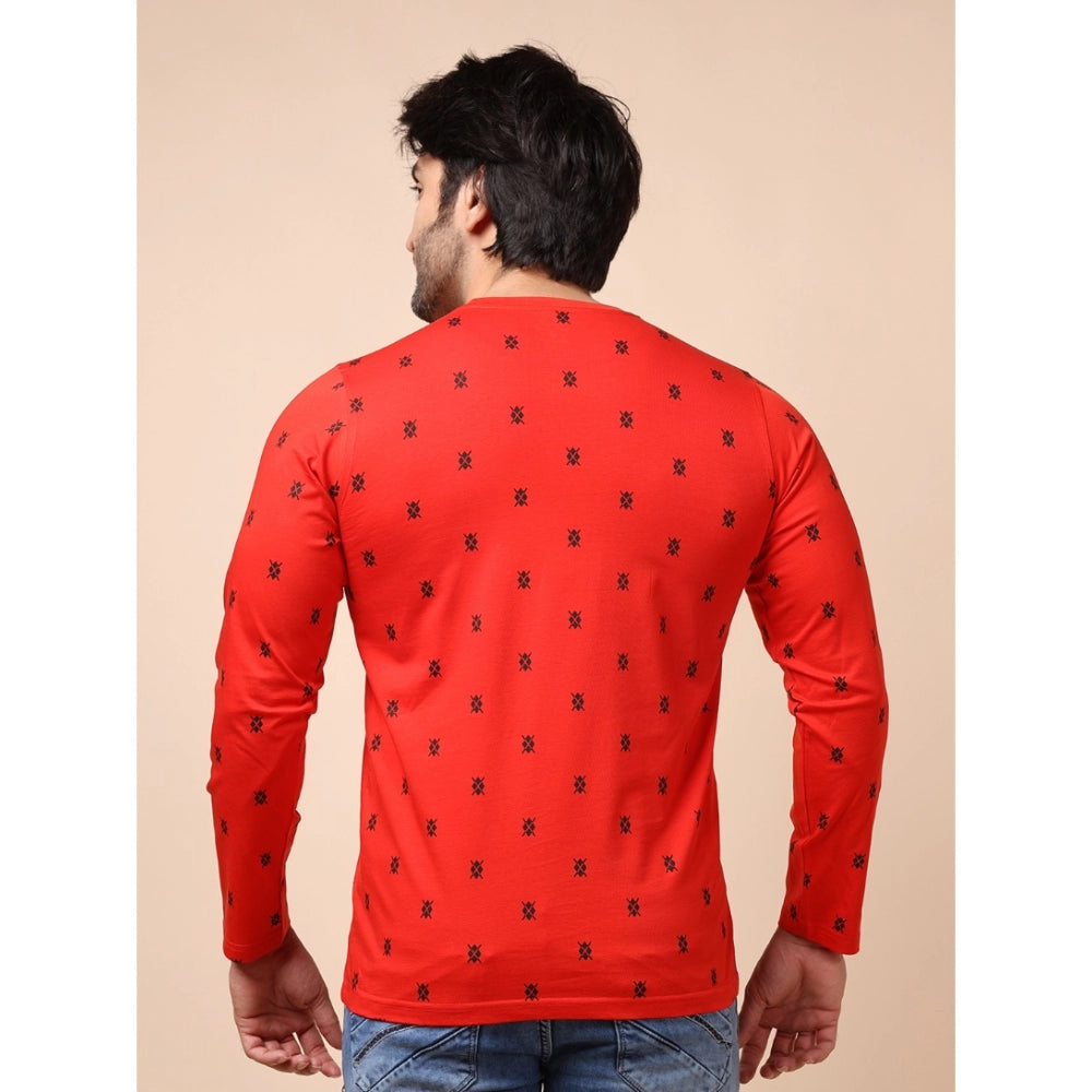 PKRKART Men's Casual Cotton Printed Round Neck Full Sleeve T-Shirt (Red)