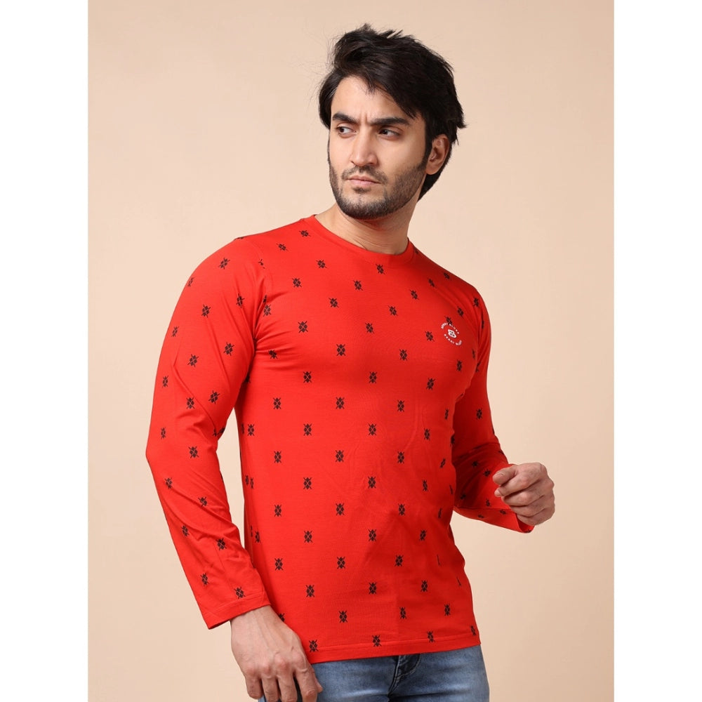 PKRKART Men's Casual Cotton Printed Round Neck Full Sleeve T-Shirt (Red)