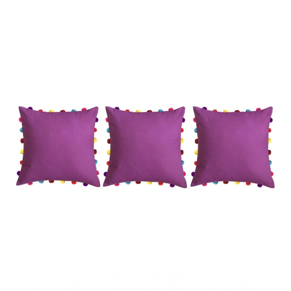 PKR Kart Cotton Solid Pom Pom Cushion Covers (Purple, Size: 18x18 In)
