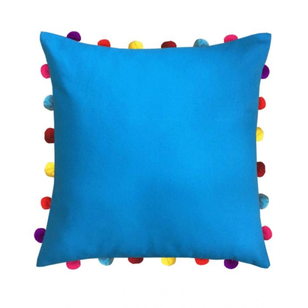PKR Kart Cotton Solid Pom Pom Cushion Covers (Blue, Size: 18x18 In)