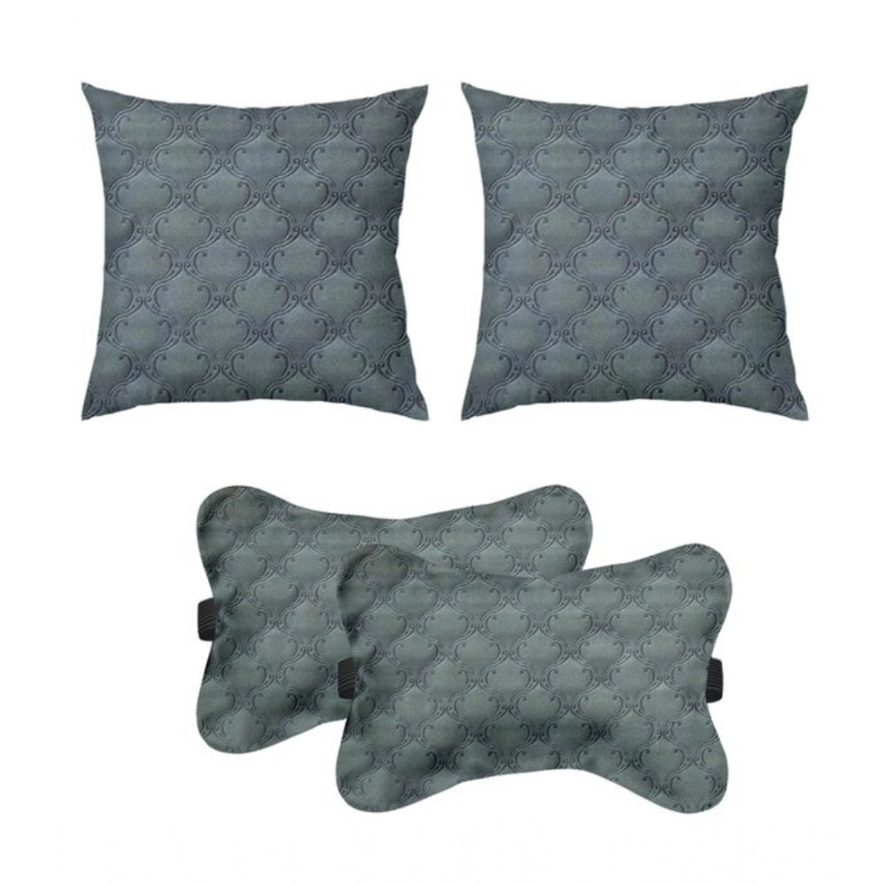 PKR Kart Pack Of_4 Velvet Printed Car Pillow Sets (Grey, Size: 12x12 In)