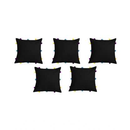 PKR Kart Cotton Solid Pom Pom Cushion Covers (Black, Size: 12x12 In)
