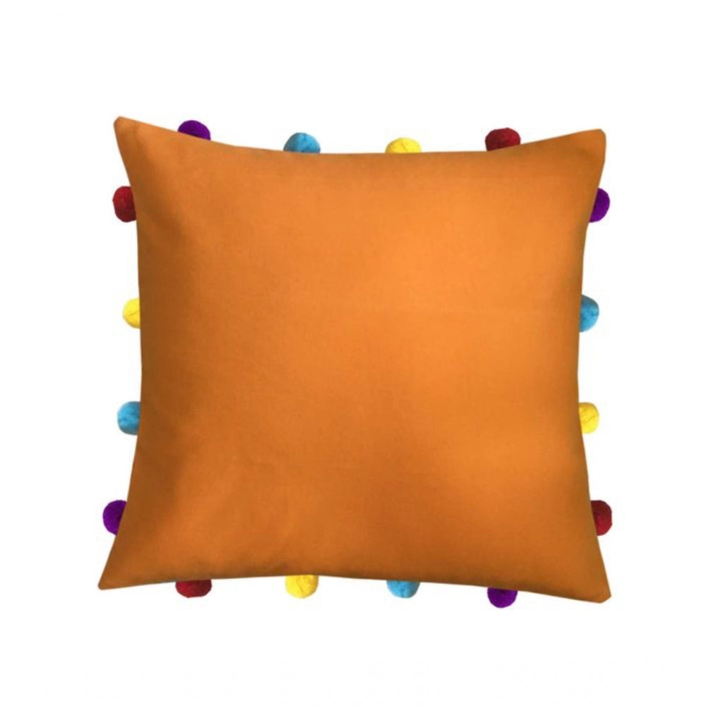 PKR Kart Cotton Solid Pom Pom Cushion Covers (Orange, Size: 14x14 In)