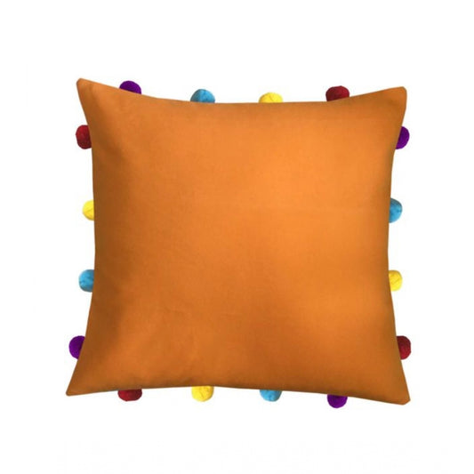 PKR Kart Cotton Solid Pom Pom Cushion Covers (Orange, Size: 14x14 In)