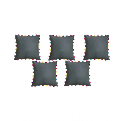 PKR Kart Cotton Solid Pom Pom Cushion Covers (Grey, Size: 18x18 In)