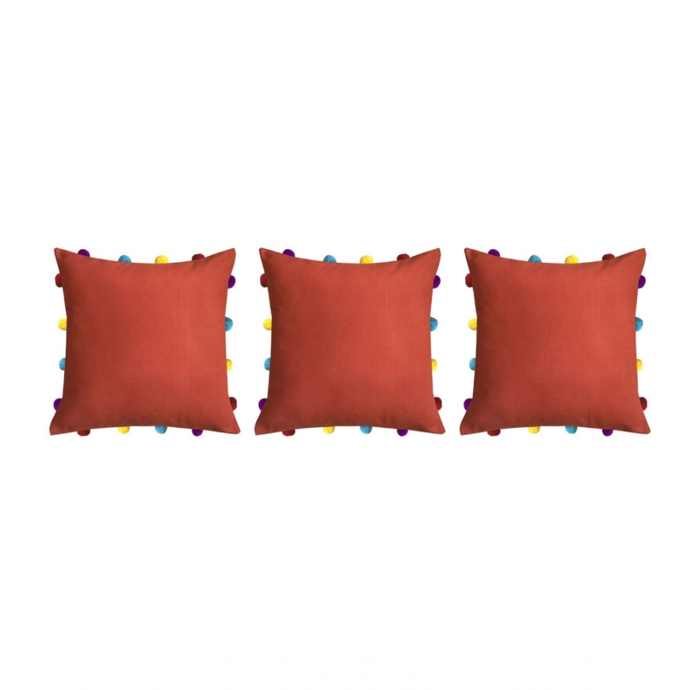 PKR Kart Cotton Solid Pom Pom Cushion Covers (Orange, Size: 14x14 In)