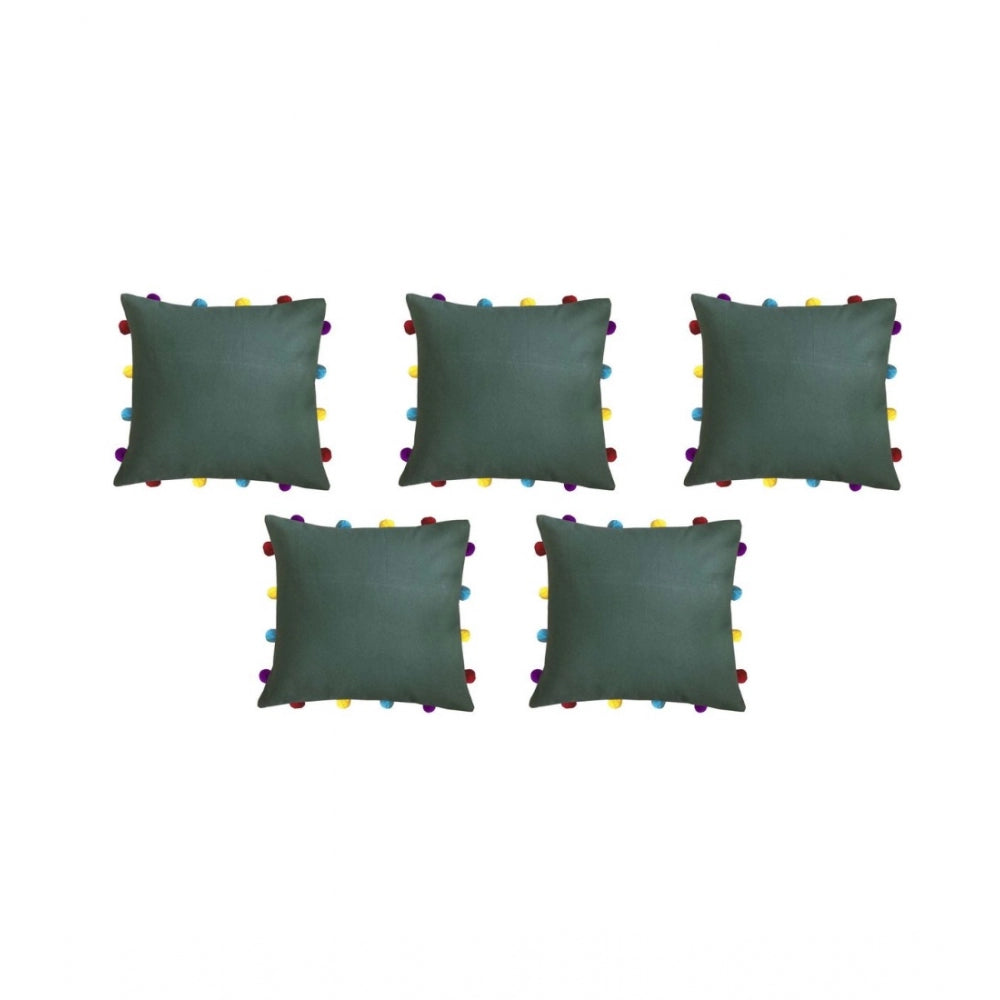 PKR Kart Cotton Solid Pom Pom Cushion Covers (Green, Size: 14x14 In)