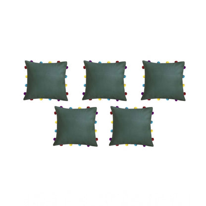 PKR Kart Cotton Solid Pom Pom Cushion Covers (Green, Size: 14x14 In)