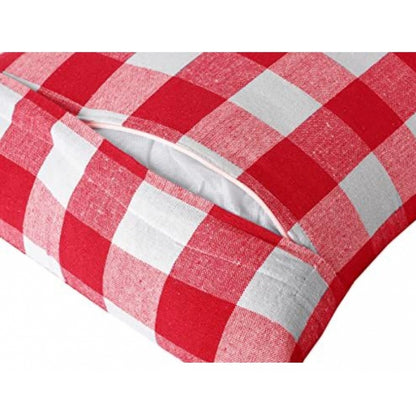 PKR Kart Pack Of_4 Cotton Checkered Cushion Cover With Pom Pom (Red, Size: 20x20 In)
