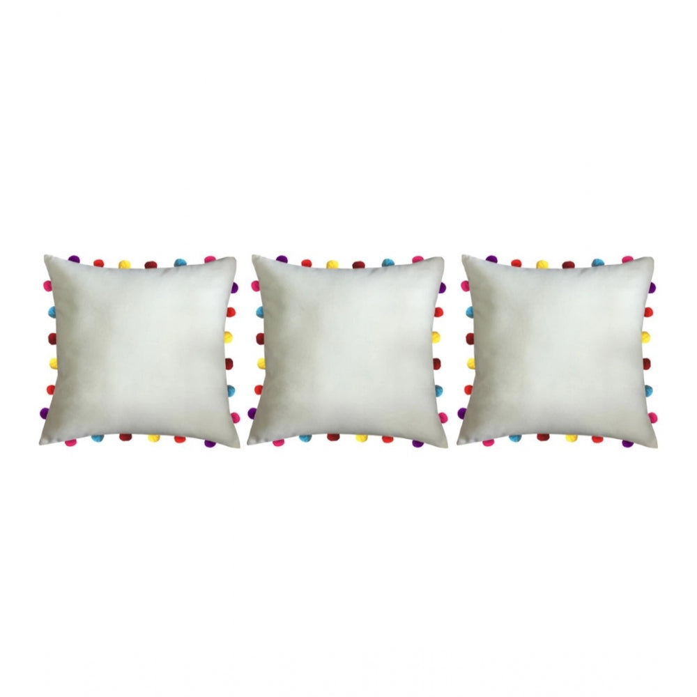 PKR Kart Cotton Solid Pom Pom Cushion Covers (Off-white, Size: 18x18 In)