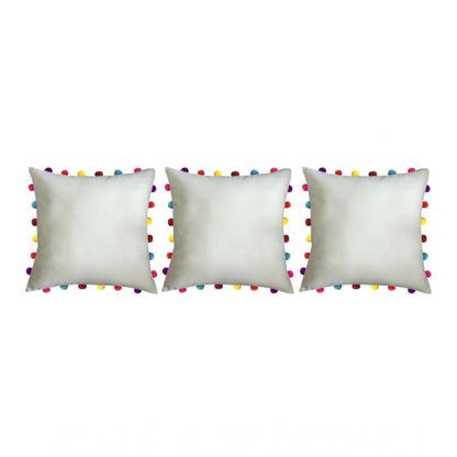 PKR Kart Cotton Solid Pom Pom Cushion Covers (Off-white, Size: 18x18 In)
